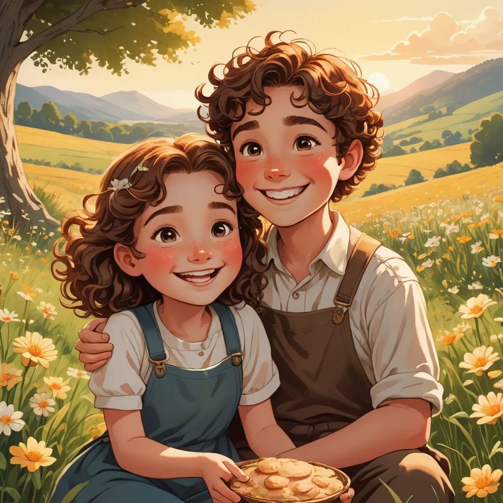a boy and girl sitting in a field of flowers with a pie in front of them, with a tree in the background, fantasy art, a storybook illustration, Anne Said, trending on art station