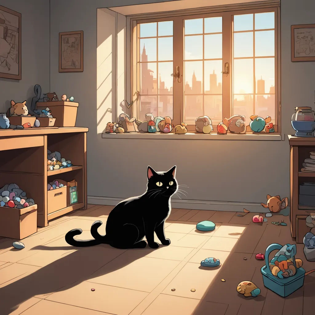 a black cat sitting in a room with a window and toys on the floor and a shelf with a teddy bear, furry art, a storybook illustration, Dan Mumford, official art