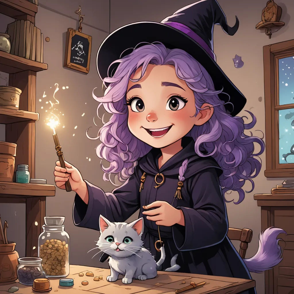 a cartoon witch with a cat and a jar of gold coins on a table with a cat on it, fantasy art, a storybook illustration, Elinor Proby Adams, fantasy illustration