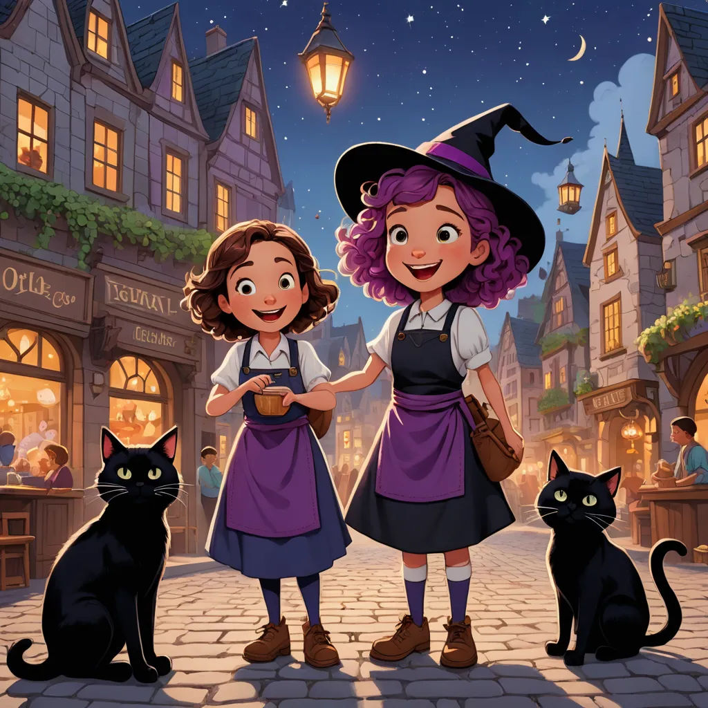 a cartoon of two girls dressed as witches and a cat on a street at night with a full moon, fantasy art, a storybook illustration, disney, official art