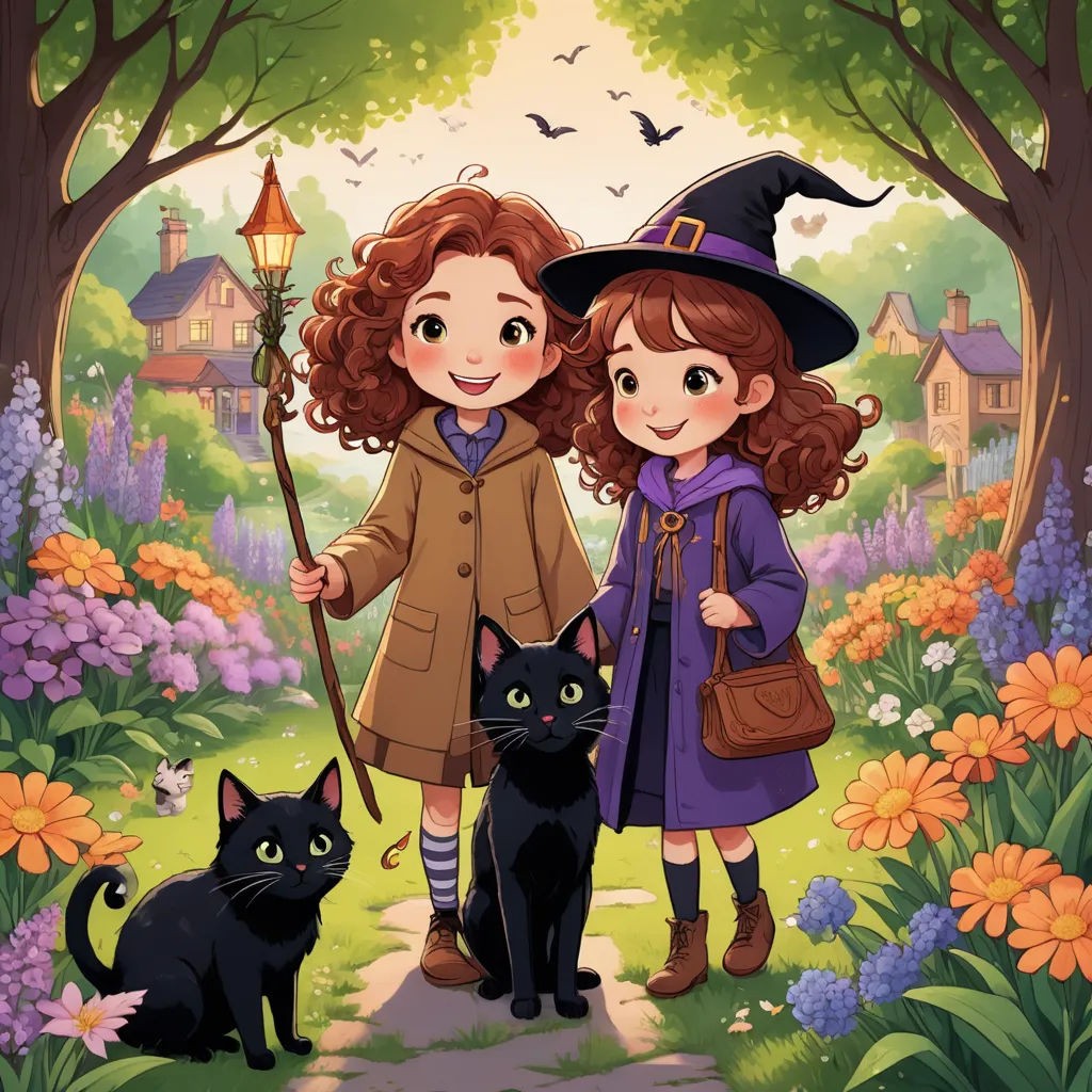 a couple of kids standing next to a black cat in a field of flowers and trees with a witch hat, fantasy art, a storybook illustration, Eileen Aldridge, comic cover art