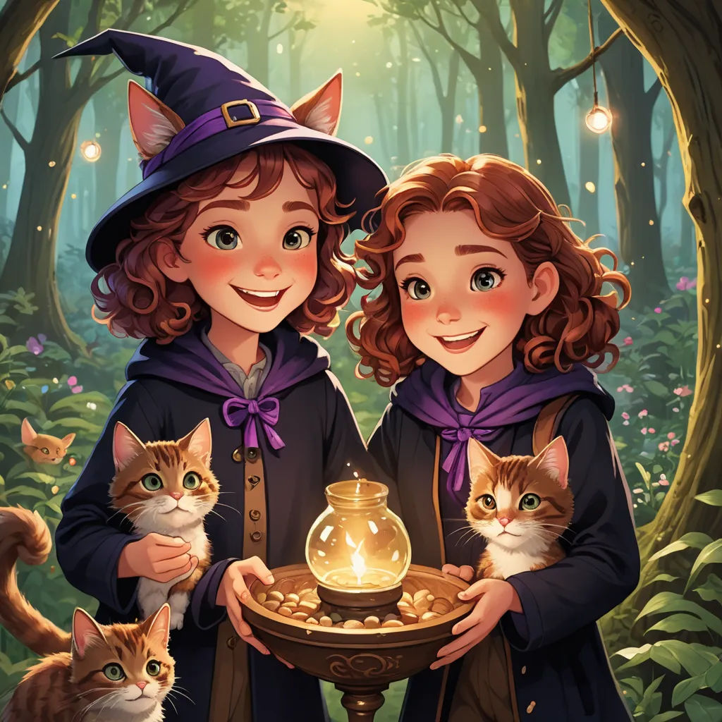 two children holding a bowl of gold with cats around it and a cat on the other side of the bowl, fantasy art, a storybook illustration, Chris Rallis, official art