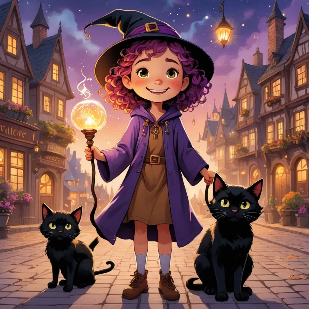 a little girl dressed as a witch holding a glowing orb with two black cats sitting nearby on a brick walkway, fantasy art, a storybook illustration, Chris Rallis, official art