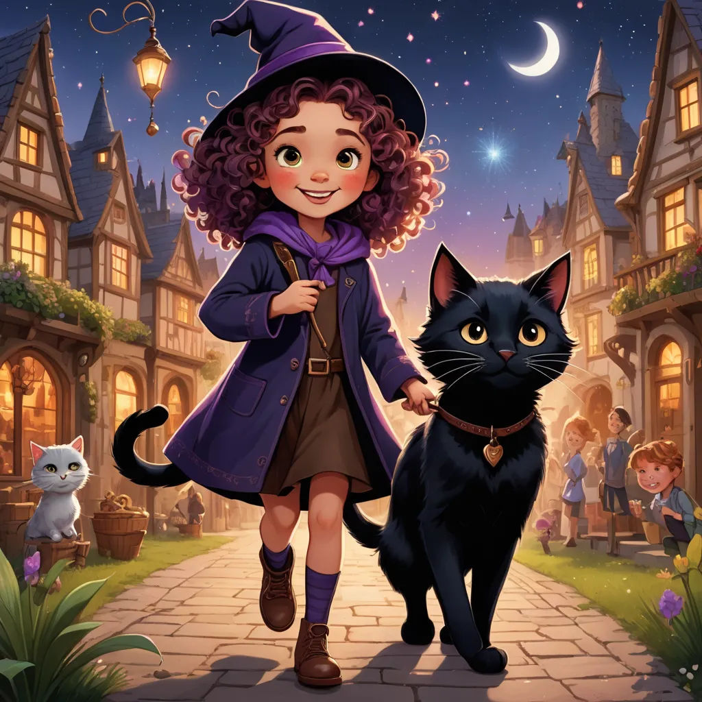 a little girl walking with a black cat in front of a house at night with a full moon and stars, fantasy art, a storybook illustration, Chris Rallis, official art