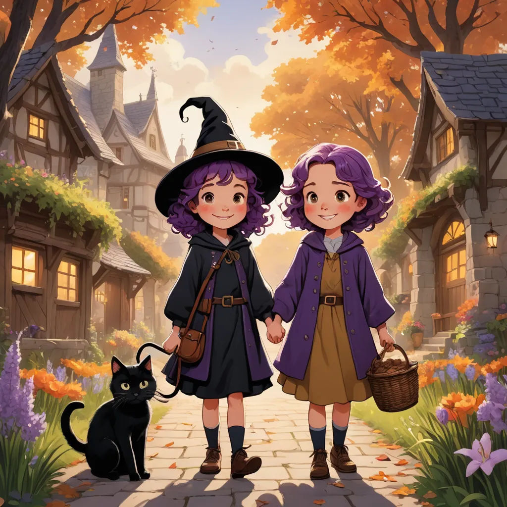 two children dressed in witches costumes holding hands and walking down a path with a cat on the other side, fantasy art, a storybook illustration, Colin Middleton, official art