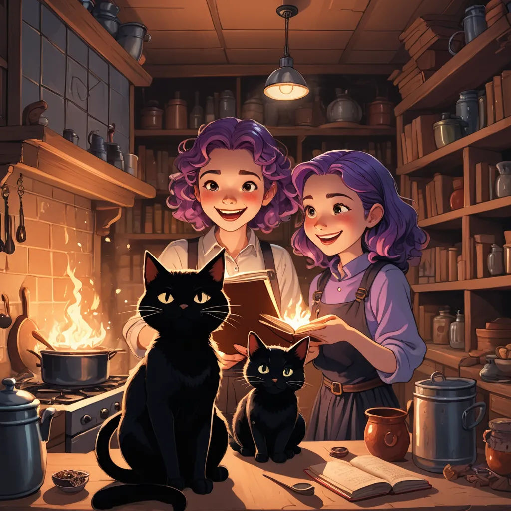 a woman and a cat are in a kitchen with a book and a pot on the stovetop and a fire in the oven, fantasy art, a storybook illustration, Cyril Rolando, storybook illustration