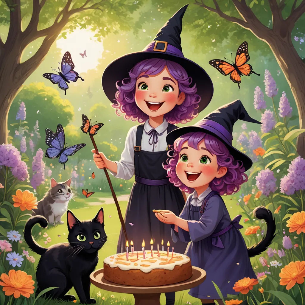 a painting of two children with a cake and a cat in a garden with butterflies and flowers on the trees, fantasy art, a storybook illustration, Elinor Proby Adams, official art