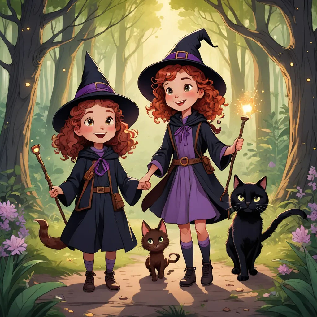 two children dressed in witches costumes standing in a forest with a cat and a witch's hat on, fantasy art, a storybook illustration, Elinor Proby Adams, official art