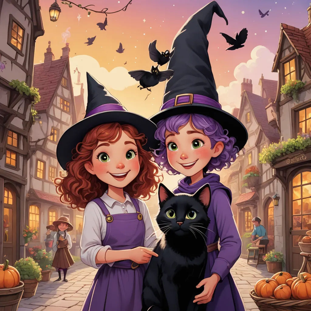 a couple of kids standing next to a black cat in front of a building with a witch hat on, fantasy art, a storybook illustration, Elinor Proby Adams, official art