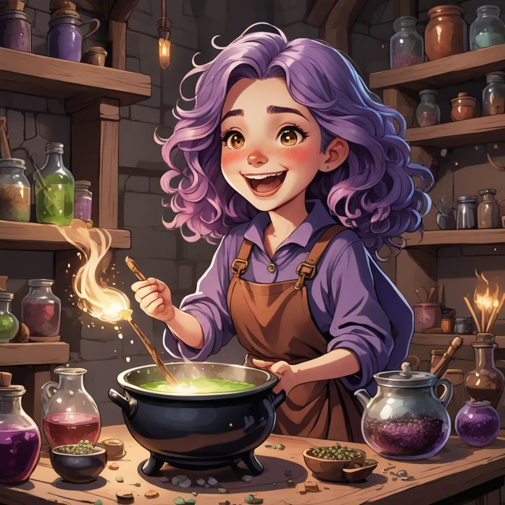 a cartoon girl cooking in a pot with a spoon in her hand and a pot of boiling green liquid in front of her, fantasy art, a storybook illustration, Constance Gordon-Cumming, fantasy illustration
