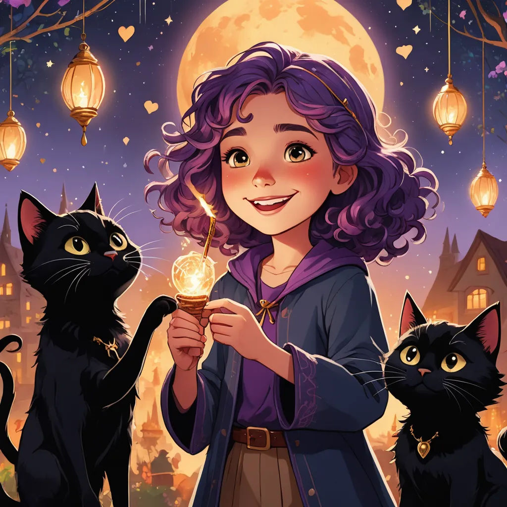 a girl holding a lit candle with two cats nearby on a night sky background with lanterns and a full moon, fantasy art, a storybook illustration, Diego Gisbert Llorens, comic cover art