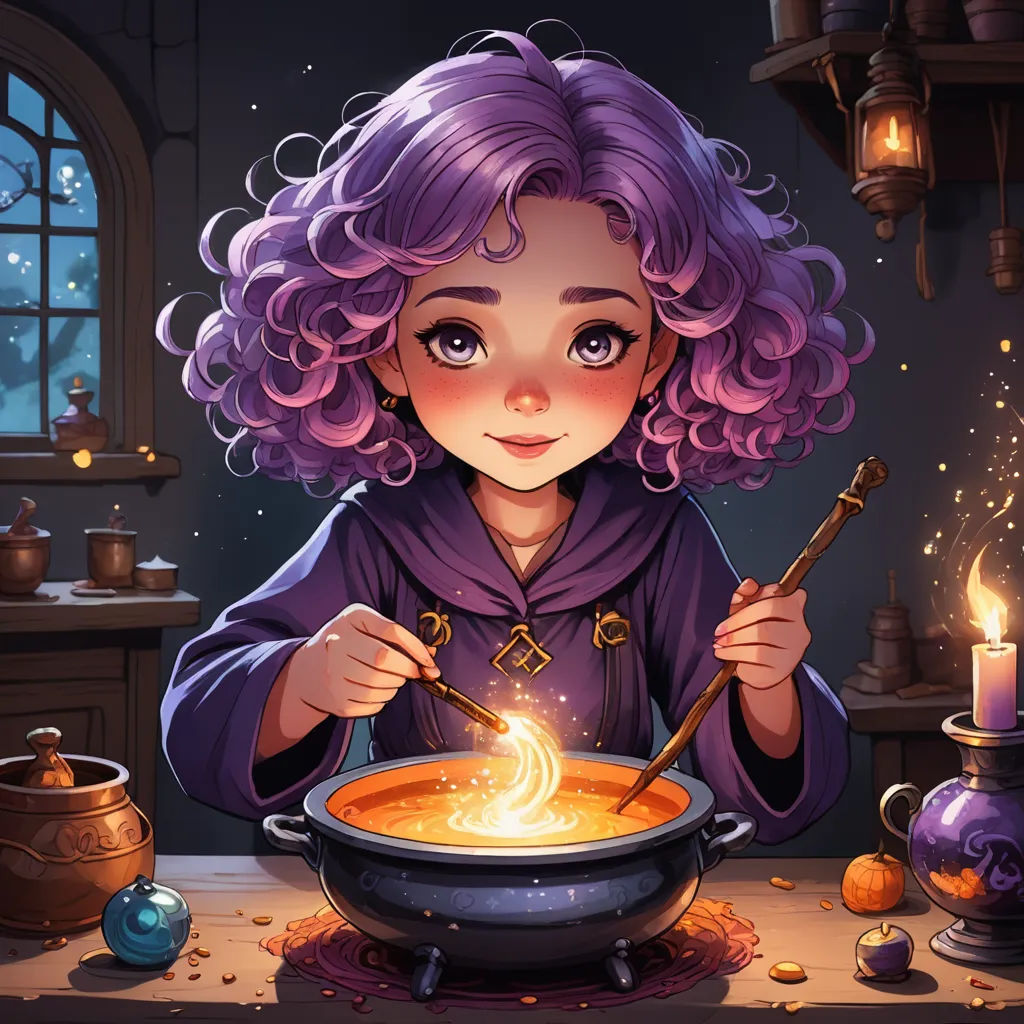 a girl with purple hair is stirring a bowl of soup with a spoon and a candle in front of her, fantasy art, a storybook illustration, Alejandro Burdisio, fantasy illustration
