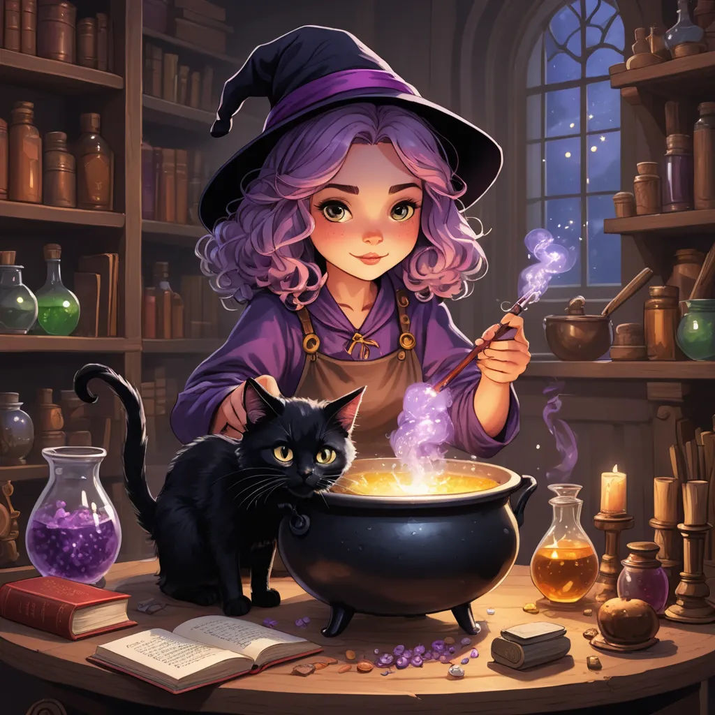 a witch with a black cat and a caulder of witches in a library with books and a book, fantasy art, a storybook illustration, Art of Brom, fantasy illustration