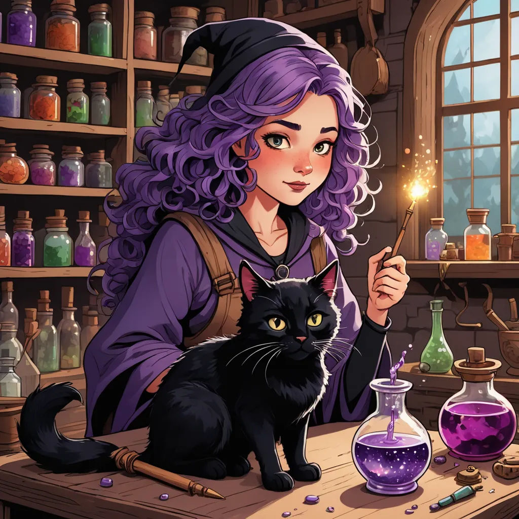 a witch with a black cat and a flask of liquid on a table with a candle and a pipe, fantasy art, a storybook illustration, Elinor Proby Adams, fantasy illustration