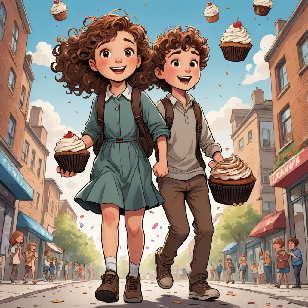 a couple of people that are walking down a street with cupcakes in hand and a sky background, process art, a storybook illustration, Aaron Jasinski, comic cover art