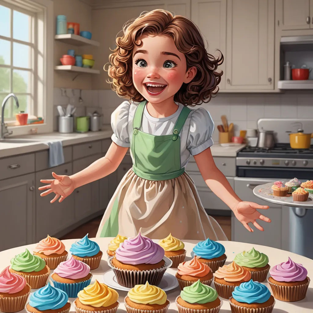 a girl standing in front of a table of cupcakes with a bunch of cupcakes on the table, american scene painting, a storybook illustration, Aaron Jasinski, highly detailed digital painting