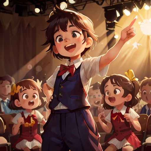 a girl in a school uniform is holding a star above her head and a group of children are sitting in the background