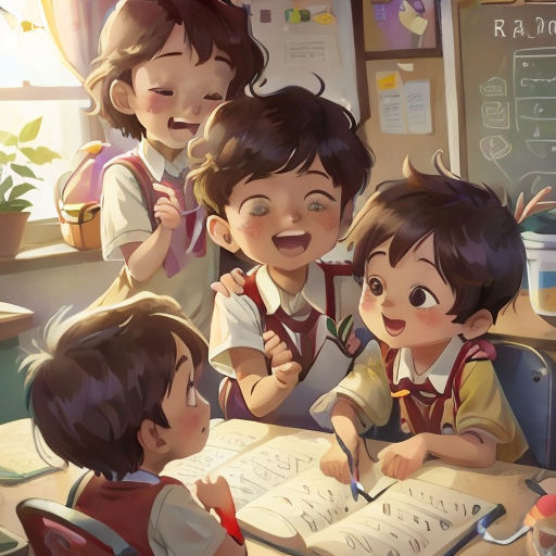 a group of children sitting at a desk with a book and pen in front of them and a teacher