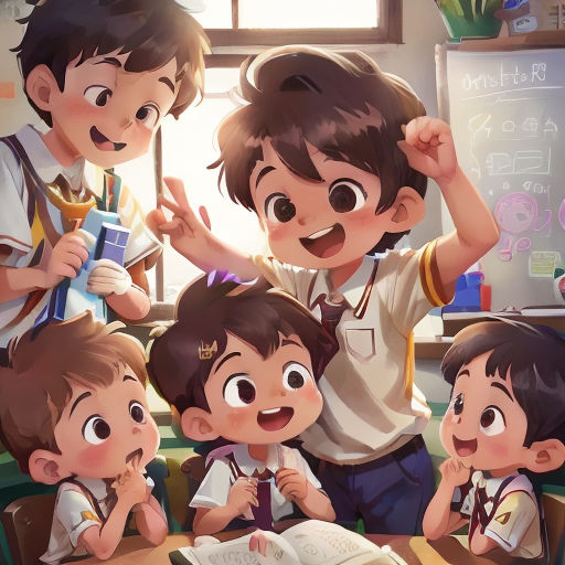 a group of children sitting at a table with an open book in front of them and a teacher pointing at them
