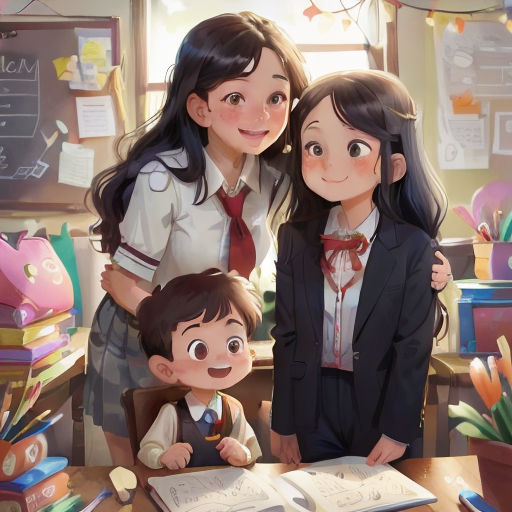 a couple of kids standing next to each other in front of a book and a desk with a book