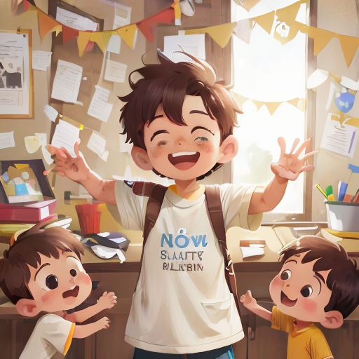 a boy standing in front of a group of children in a room with papers on the wall and a window