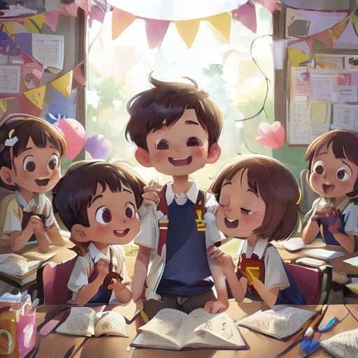 a group of children sitting at a desk in a classroom with books and pencils on it, and a teacher standing behind them