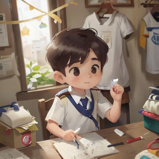 a boy sitting at a desk with a pen and paper in his hand and a book in his other hand