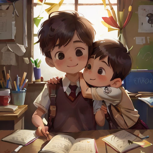 a boy and girl hugging each other in front of a book and a window with a bird hanging from it