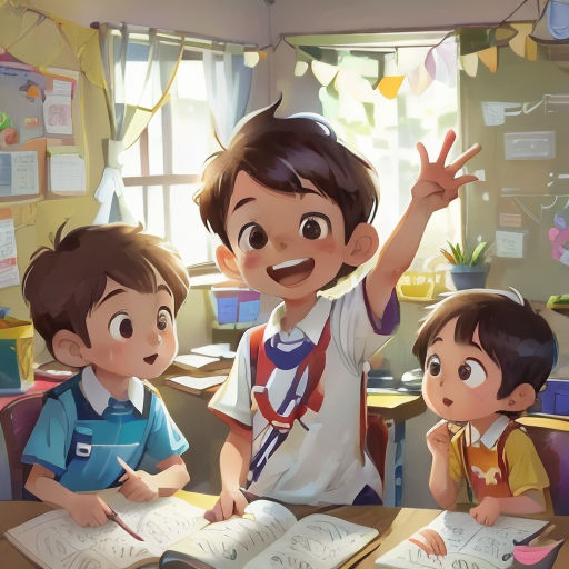 a group of children sitting at a table with books and papers in front of them, with a boy raising his hand