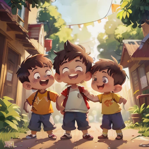 three children standing in the middle of a street with a banner above them that says,'the three boys are smiling and holding hands together