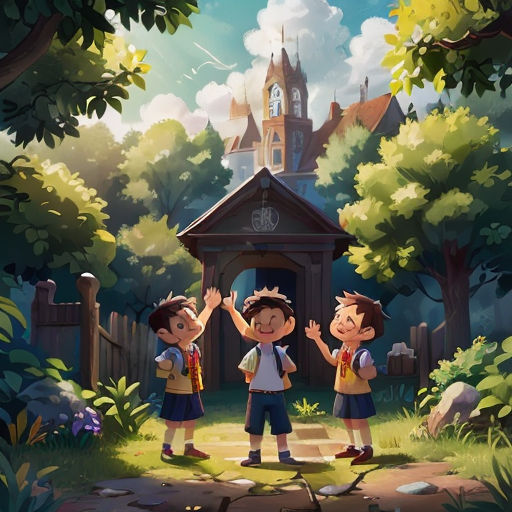 three children standing in front of a small building with a clock tower in the background and a forest with trees