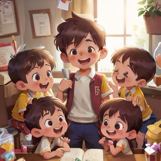 a group of children standing around a table with an open book in front of them and a book on the table