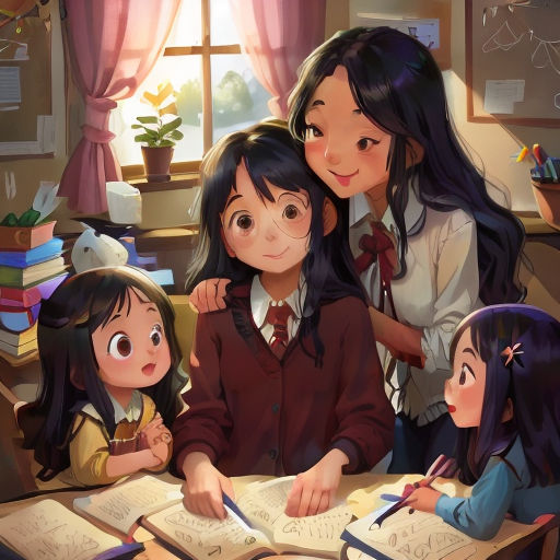 a group of girls sitting at a table with books and pencils in front of them, and a window