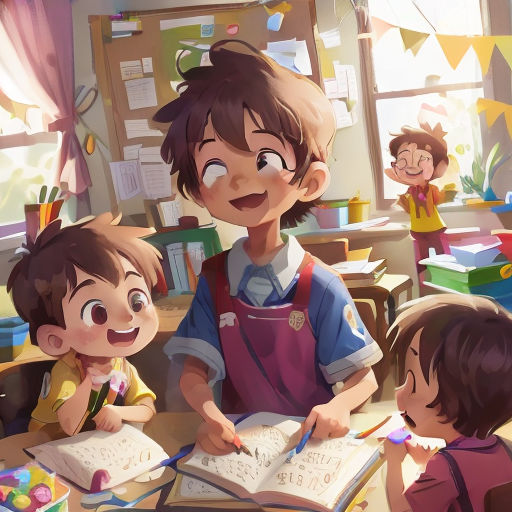 a group of children sitting at a table with books in front of them and a boy writing on a book