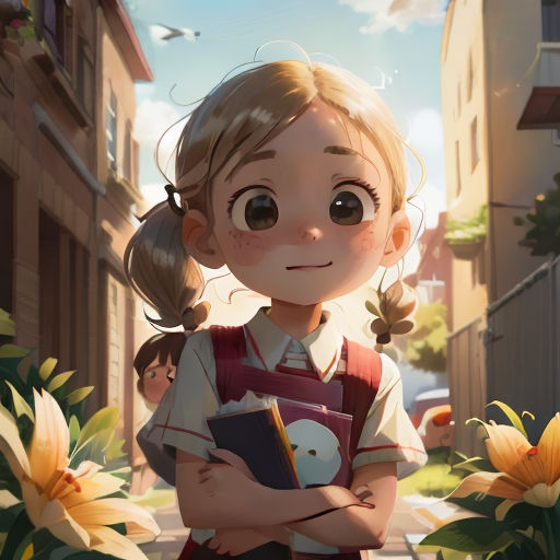 a girl with a book standing in a street with flowers in front of her and a bird flying overhead