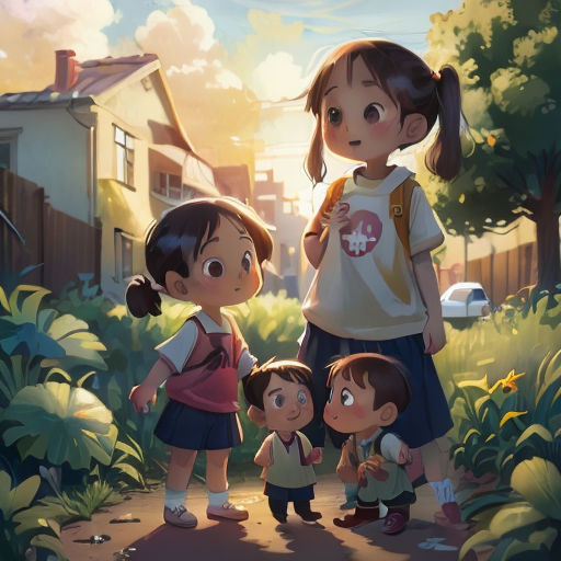a group of children standing next to each other on a road near a house and trees with a sky background