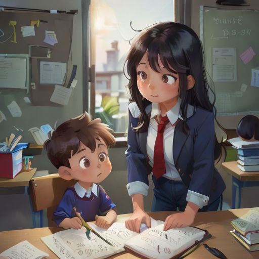 a girl and boy are sitting at a desk with books and papers in front of them, and a boy is writing on a book