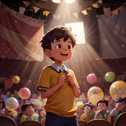 a boy standing in front of a crowd of people in a theater with balloons in the air and a spotlight shining on him