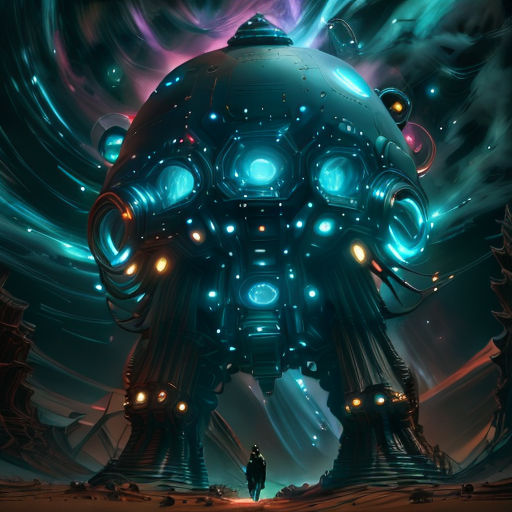 a futuristic city with a giant structure surrounded by lights and a man standing in front of it in the middle of a night