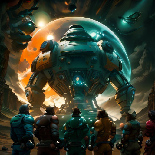 a group of people standing around a giant robot in a futuristic setting with a giant moon in the background