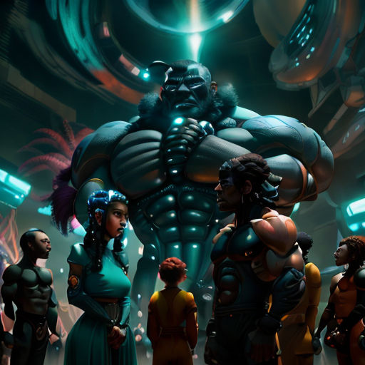 a group of people standing around a giant robot in a room with neon lights and a giant gorilla in the background