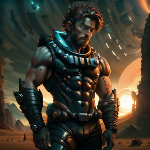 a man in a futuristic suit standing in front of a giant structure with a giant clock on it's face