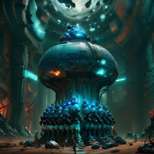 a futuristic space station with a giant blue object in the middle of it's floor and a giant clock on the wall