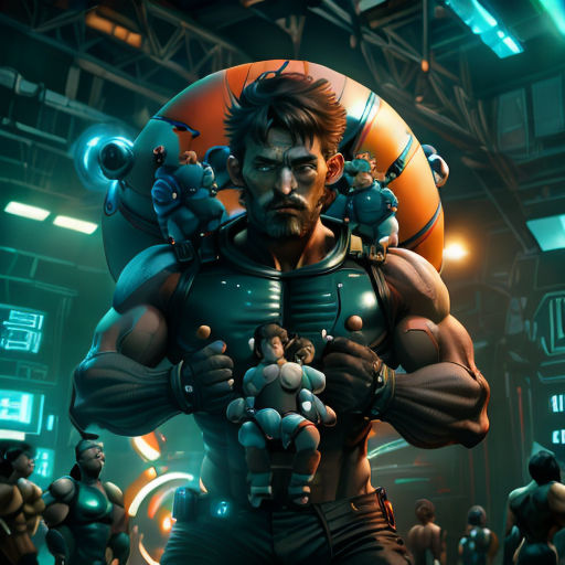 a man with a beard and a beard in a futuristic setting with other men around him and a large orange object