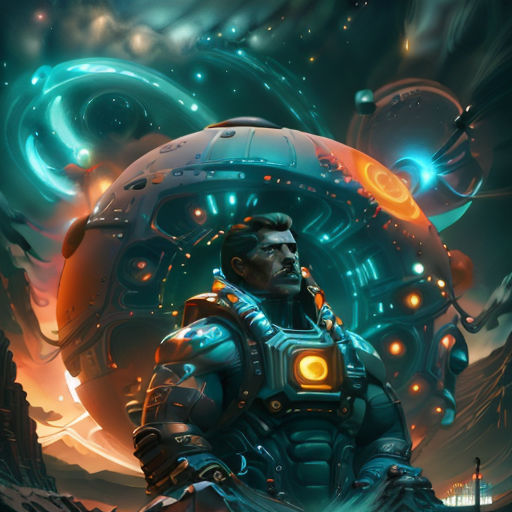 a man in a space suit standing in front of a giant object with a glowing light on it's face