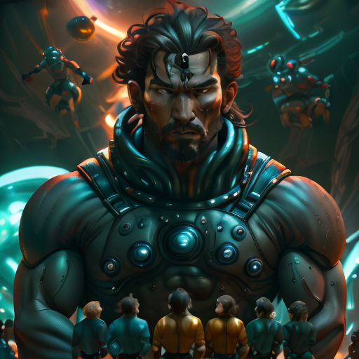 a man with a beard and a beard standing in front of a group of people in a futuristic setting
