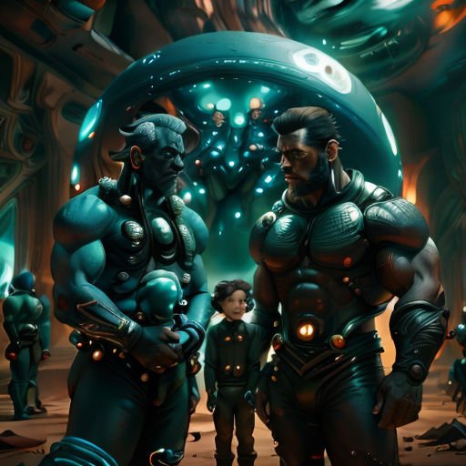 a group of people standing in front of a giant blue object with a man in the middle of it
