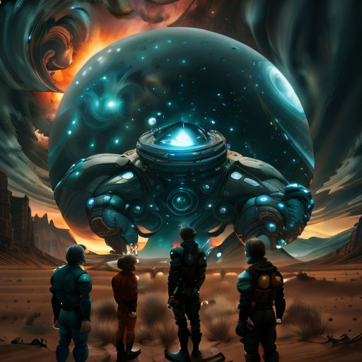 a group of people standing in front of a giant object in the desert with a sky background and a giant object in the middle