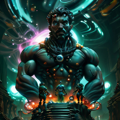 a man with a beard and a chain around his neck standing on a stairway in front of a glowing background