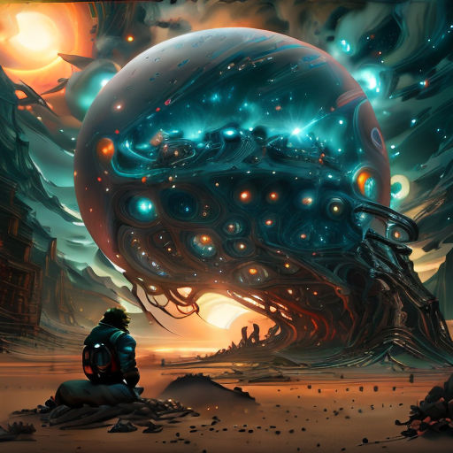 a man sitting on a rock looking at a giant alien creature in the distance with a sky background and a glowing orb
